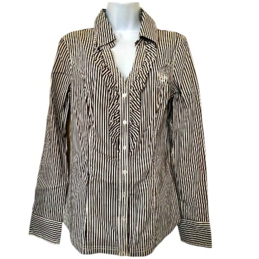 Guess  Blk Wht Stripe Long Sleeve V Neck Collared Button Down Shirt Sz L #05